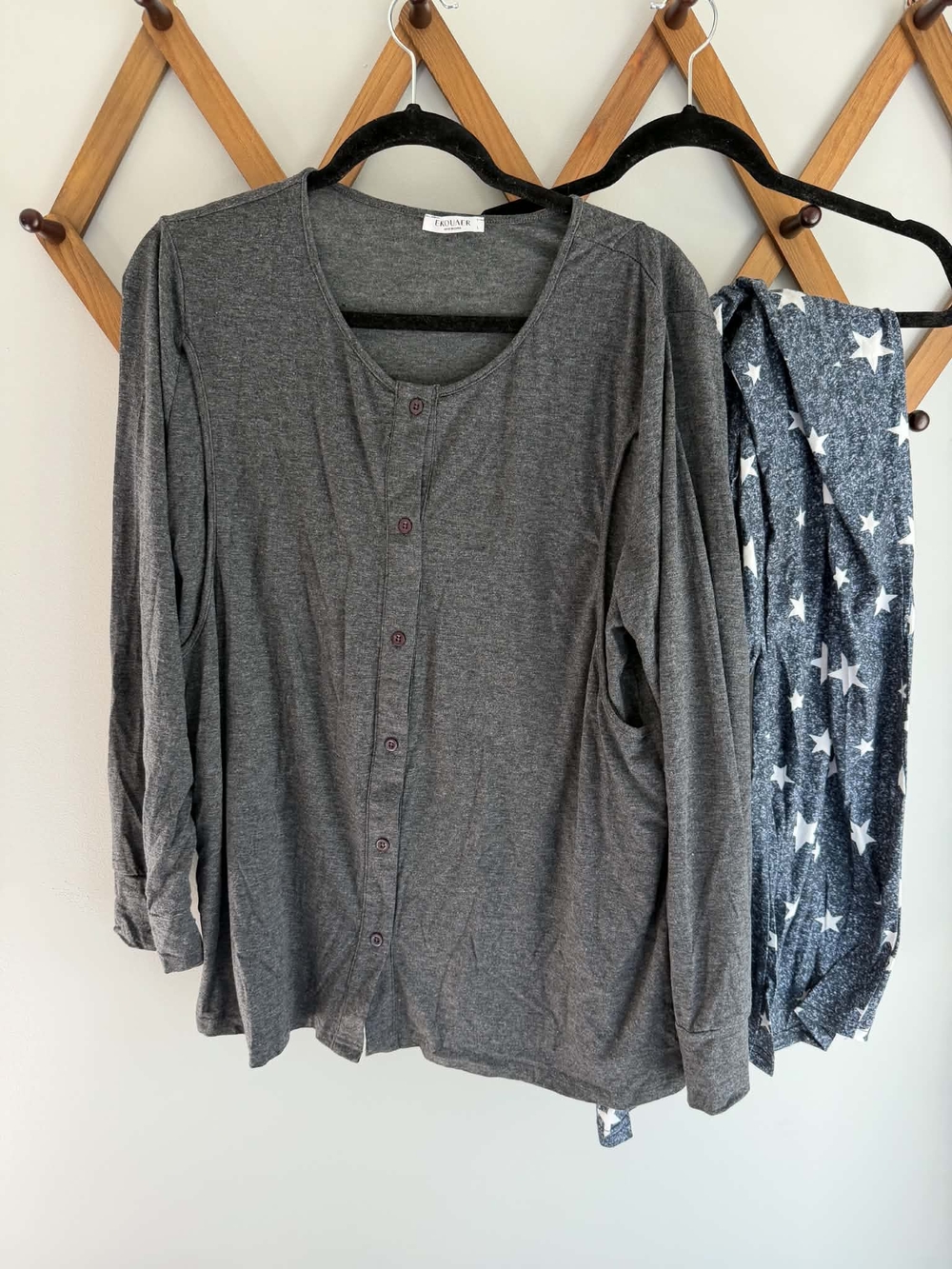 Cozy Button-Front Charcoal Gray Pajama Long Sleeve Nursing Top & Bottoms